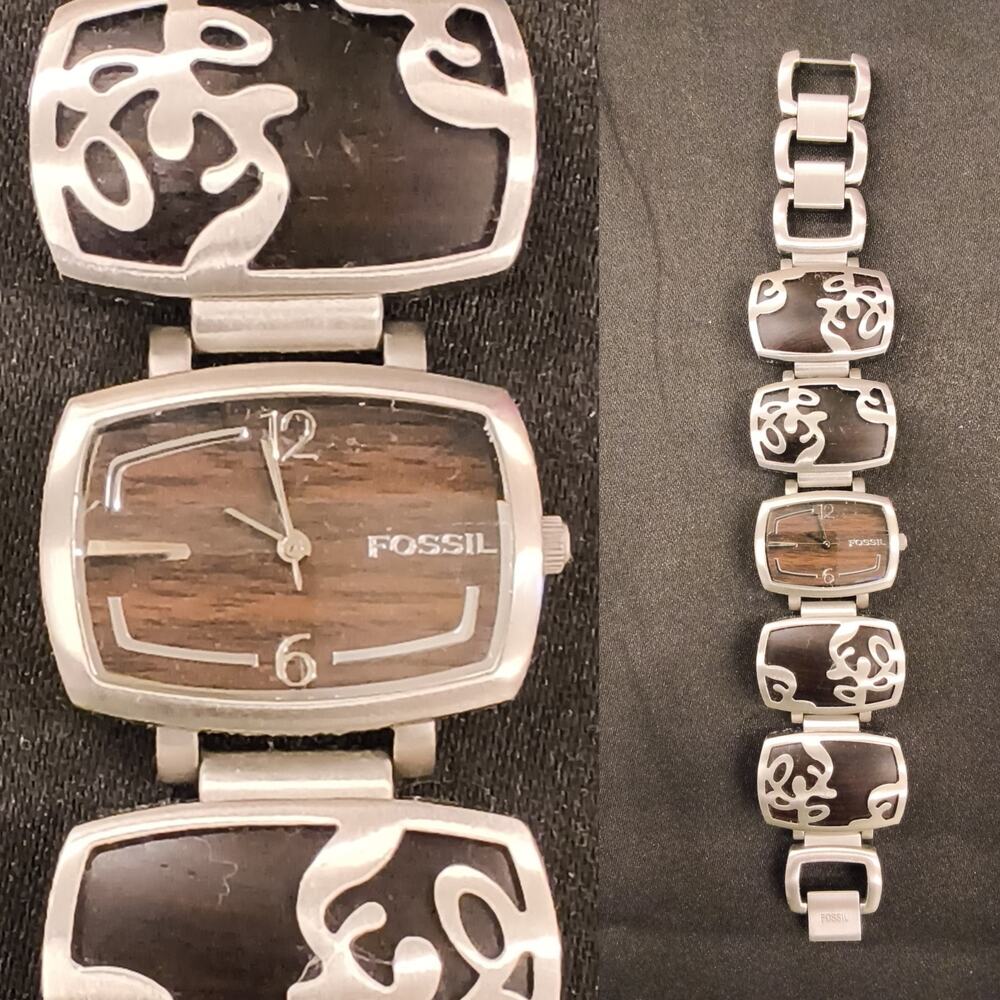 Fossil Watch ES-2053 Women's Silver Wood Inlay Barrel Case Bracelet #W5187